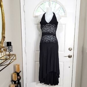 Vintage Black Lace Halter Neck HI low Dress Size M